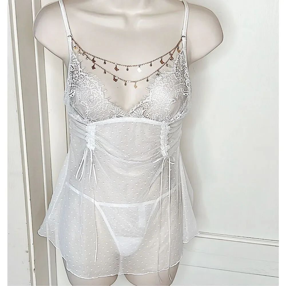 Dreamgirl White Lace Babydoll with Gold Butterfly Chain & G-String Panty Set Nwo